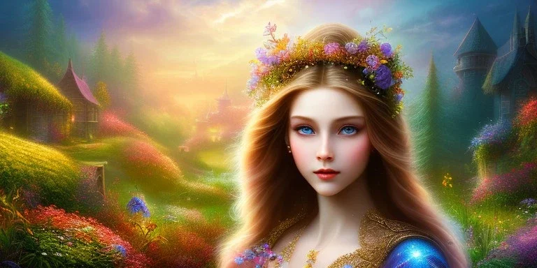 bright fairy, beautiful portrait, flowery landscape