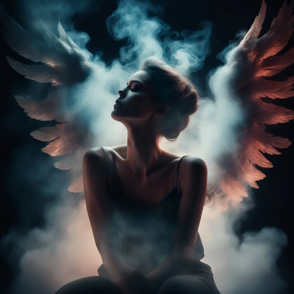 woman sitting forward Her face upward and blows cigarette smoke from their mouth upward. a figure with wings emerging from its back. behind the clouds of smoke look death. dark and mysterious neon light