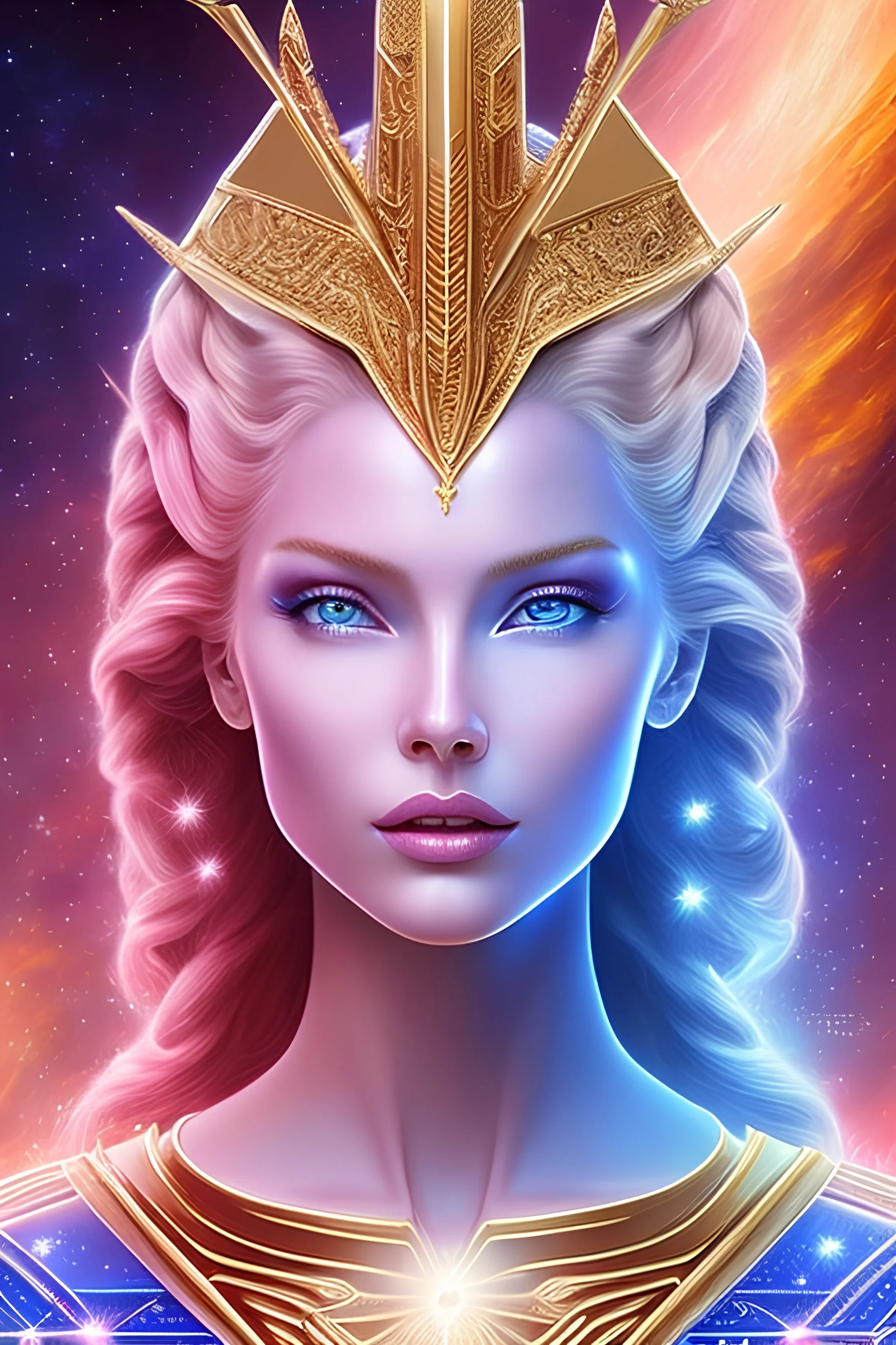beautiful tall woman pleiadian galactic commander, ship rainbow,perfect detailed face, detailed golden galactic suit , high rank,long blond hair, hand with five perfect detailled finger , amazing big blue eyes, smiling mouth, high definitionlips, cosmic happiness,bright colors, bleue. pink, gold, jewels,realistic,realphoto,brightandsunny background,very detailed, high contrast high definition 8k, pixel 512 x312 unreal engine