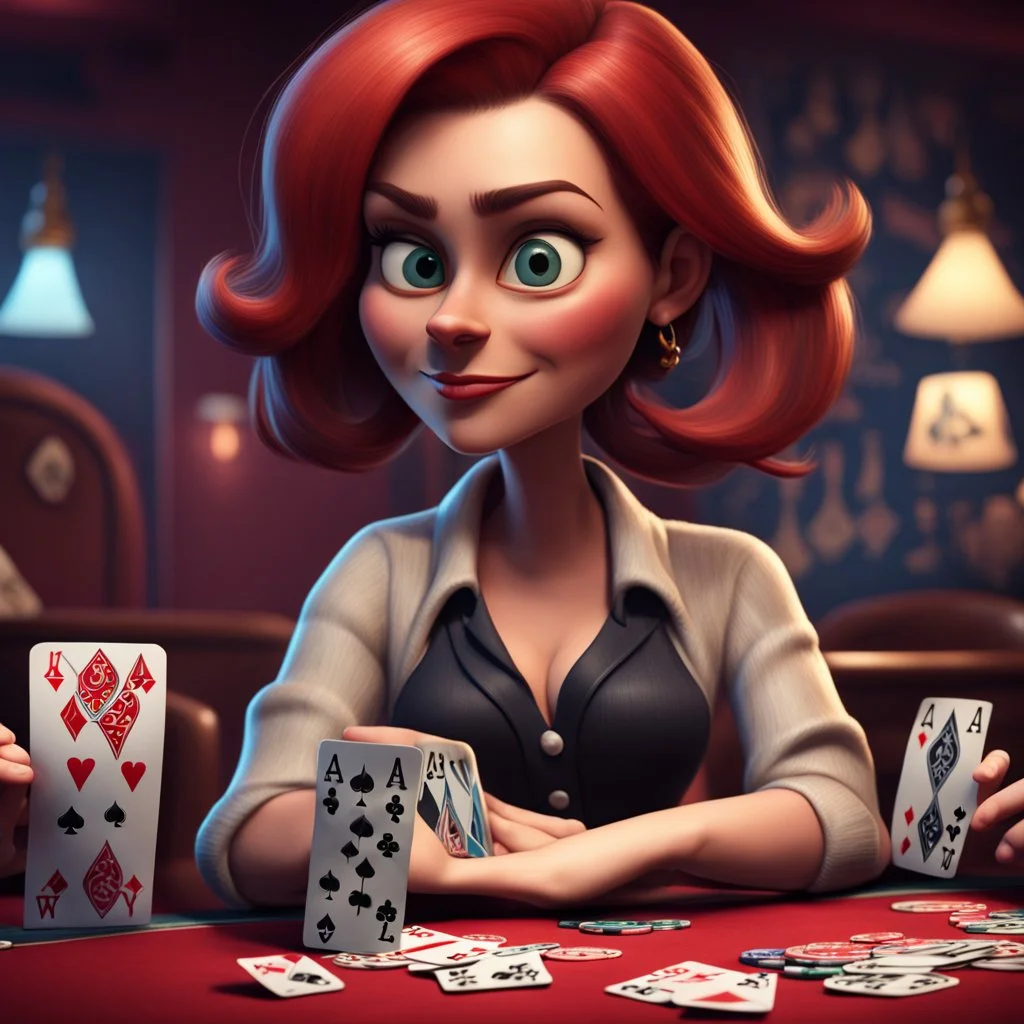 poker player, stylized, pixar, woman