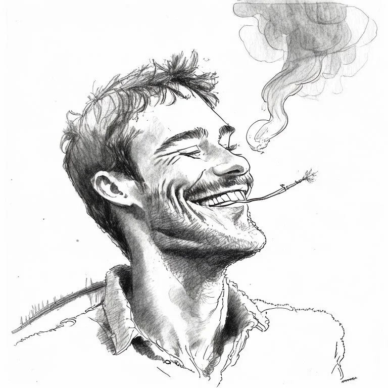 A man enjoying the intoxicating feeling from smoking weed, pencil sketch