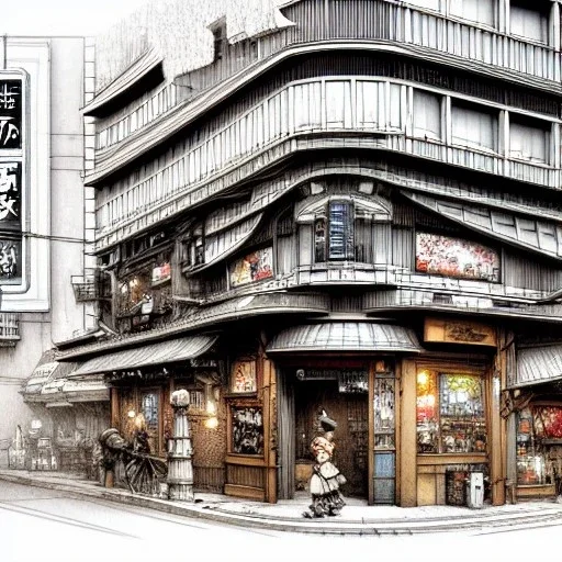 Details corner building cross section, Jean Baptiste Monge, strong lines, high contrast vibrant colors, highly detailed, , exterior elevations illustration, , exterior elevations design plan illustration, interior croquis color illustration" "Corner view,Kawaii Japan bar in kabukicho,Golden hour, book illustration by Jean Baptiste Monge,Jeremy Mann"