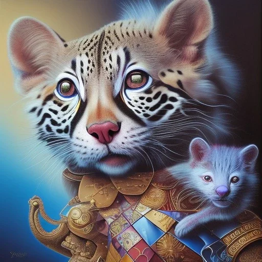 Salvador Dali with his pet ocelot Babou , hypperealism , surrealism , outlandish , extreme, high definition , high detailed, vivid deep colours,triple colors complex, oil on canvas ,8k portrait,sharp,beautiful faces ,beautiful eyes ,elegant mustache, focus, close up, fantasy view ,masterpiece, by Salvador Dali .