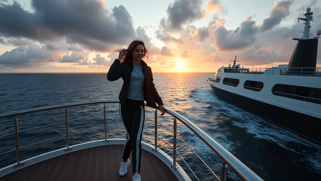 a young lady in sports pants and jacket dancing to camera on deck of a small modern ship in oceion next to a passing huge ship,cloudy sun set sky