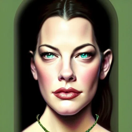 Epic Drawing of a Photorealistic dramatic hyperrealistic Liv Tyler,Crystal green eyes , elegant, with emerarld necklace, by WLOP, Artgerm ,Greg Rutkowski, Alphonse Mucha, Sandro Boticcelli, Gustav Klimt ,Beautiful ,busty, dynamic,shadows,Artstation,concept design art,Octane render,8K