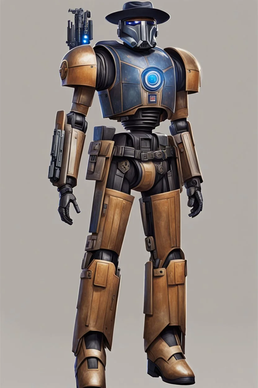 A Star Wars Combat Droid, Wearing Western Cowboy Clothes, Armour looks like Halo, Wearing a cowboy hat and a Cowboy Over-Coat.