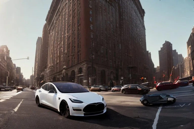 A Tesla 'Model Y' is drifting at high speeds, near the Flatiron Building in Manhattan. (CINEMATIC, WIDE ANGLE LENS, PHOTO REAL)