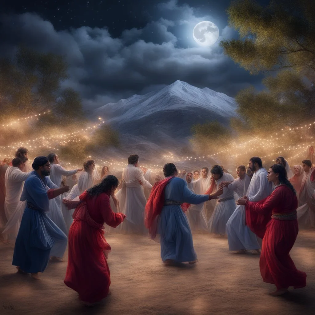 Hyper Realistic photographic-view of Pashto-People doing Traditional-Pashto-Attan-Dance with celebration atmosphere & garland-lights-&-trees on mountain-top at night with cloudy-moonlight showing dramatic & cinematic ambiance