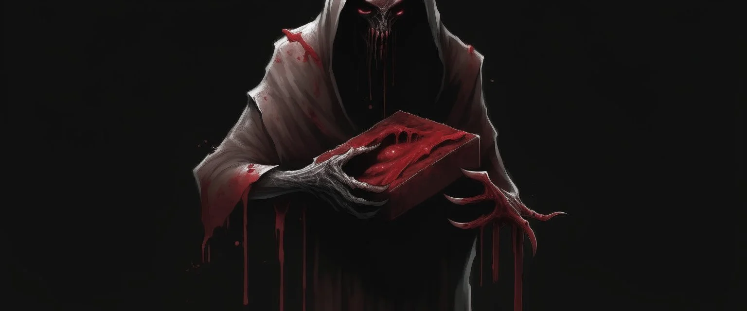 a faceless creature covered in blood holding up an empty black box