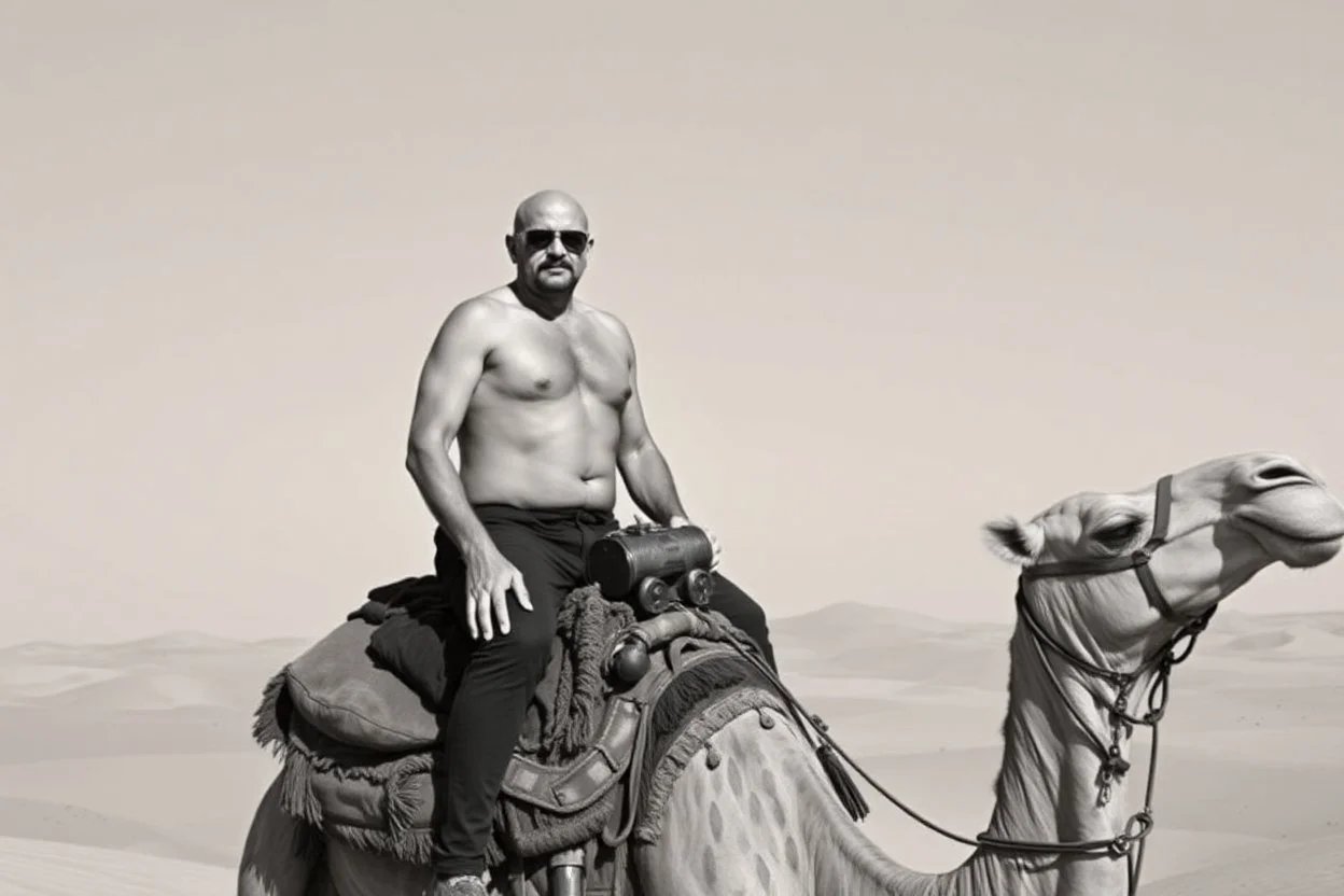 man looking like Walter White in breaking bad, bald, with bare chest riding on a camel in sahara in desert, panorama, black and white photo