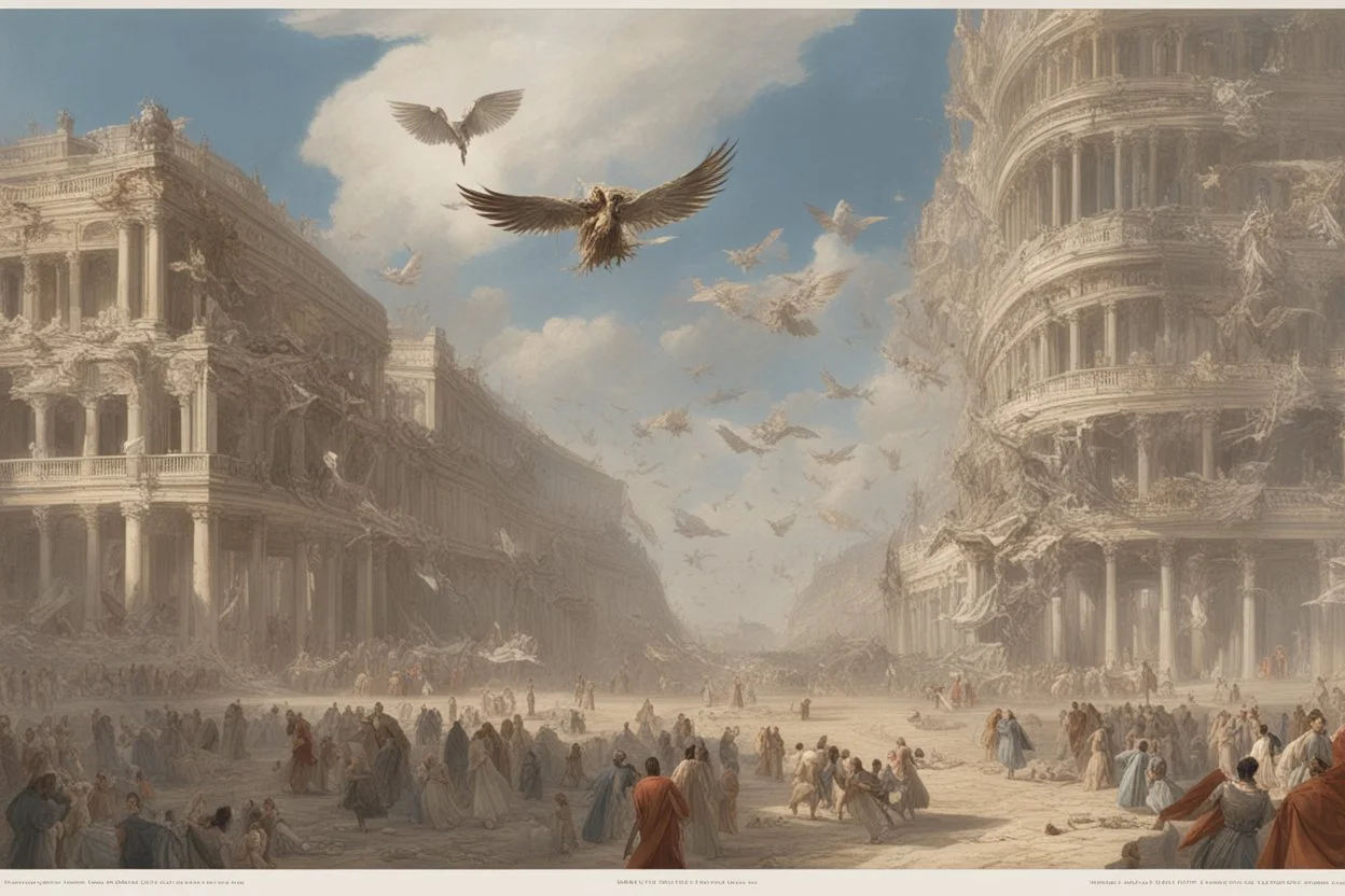 View of Elysium with winged females flying over people running away in fear