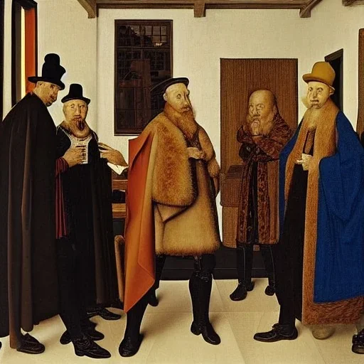 Cuatro señores analizando un cuadro, estilo Jan Van Eyck