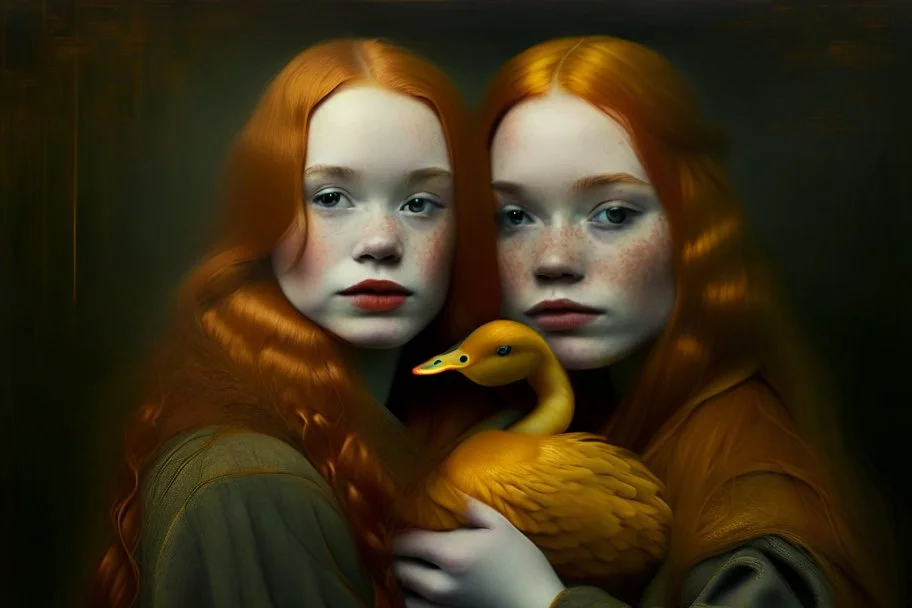 Beautiful golden red hair girl holding duck portrait in ochre, moody, somber, desaturated colors