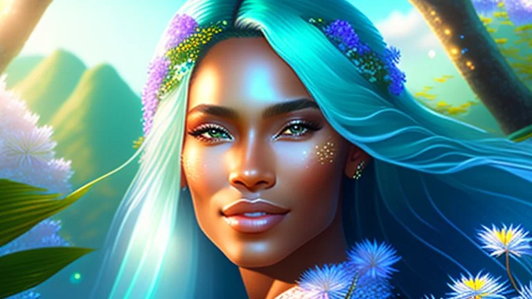 Photo realistic portrait of a gorgeous smiling skinny polynesian goddess with a golden dark shining skin, long smooth clear turquoise blue white hair, blue eyes, in a sci-fi outfit with luminous strikes blowing a kiss in a hill of flowers with sakura trees, a waterfall, a crystal palace, loads of mini flowers, moss, sun rays through the branches, particles in the air at spring