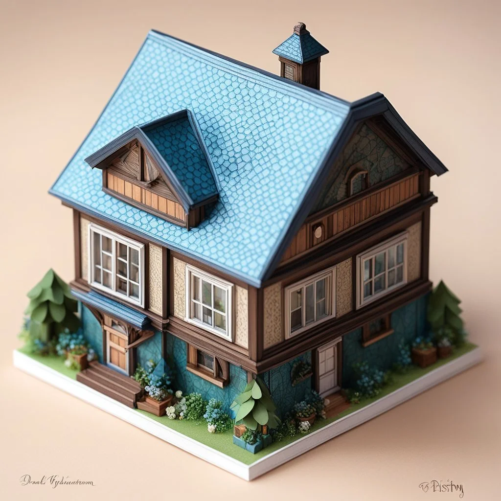 Create a Detailed Model of diagrams and instructions for creating digital paper houses for sale on the Etsy platform A detailed isometric digital illustration showcasing diagrams and instructions for crafting digital paper houses, specifically tailored for an Etsy shop. The central focus is a miniature, intricately detailed Victorian-style house, complete with tiny windows, a pitched roof adorned