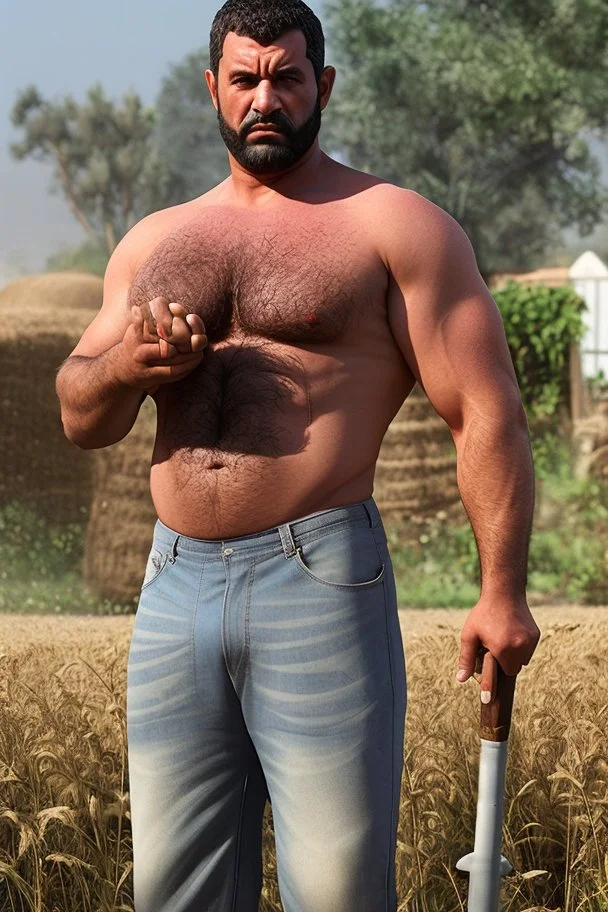 full body of a 50 years old muscular chubby arab farmer shirtless with a very big bulge and hairy under the sun near a tractor hyper-realistic