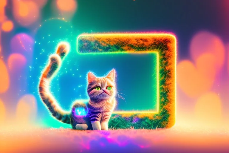 Sign: "You are a blessing"! composition, Against a light cracked holographic marble background, a cute chibi plushy fluffy knitted and embroidered cat on a flowerfield, love and heart, mist and fog in sunshine, drawn in orange glowing neon lines. The cracks in the background are golden. Ethereal, cinematic postprocessing.