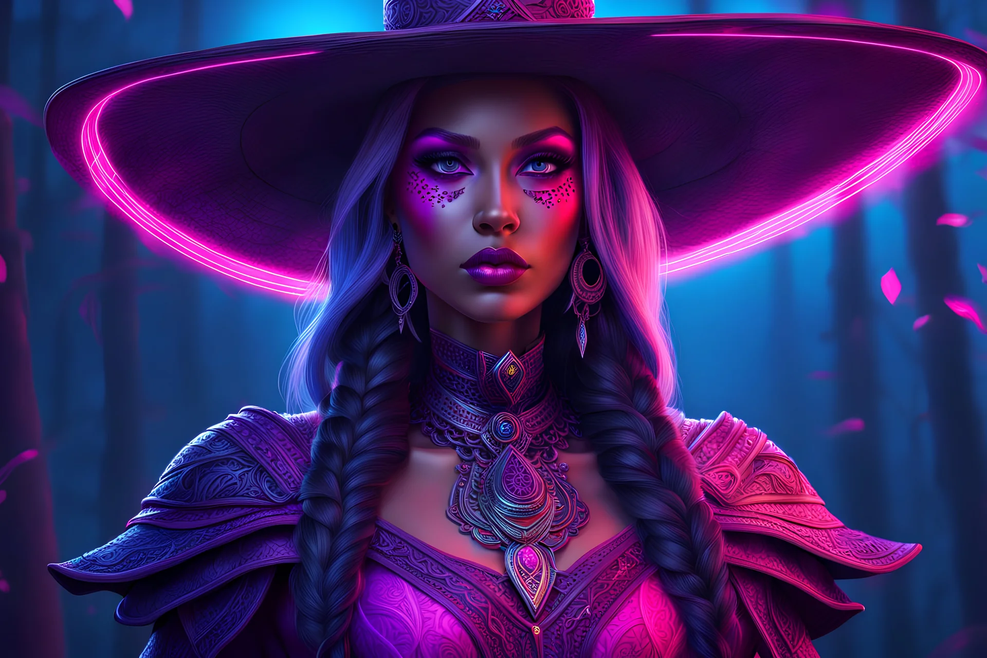 The witch in 8k sci-art drawing style, pink skin, purple glowing eyes, the which custom,howdy, neon effect, intricate details, highly detailed, high details, detailed portrait, masterpiece,ultra detailed, ultra quality