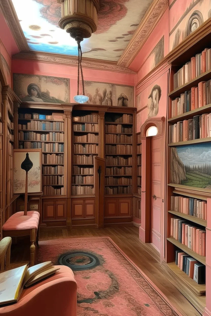 A pale pink library with mystical eyes painted by Vincent van Gogh