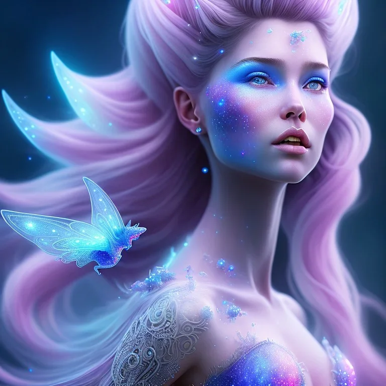 portriate of beautiful blue pink transprent na'vi fairy,volumetric lighting, particals, intricate detail,realistc, close up,sparkling eyes, fluorescent skin,long blond hair