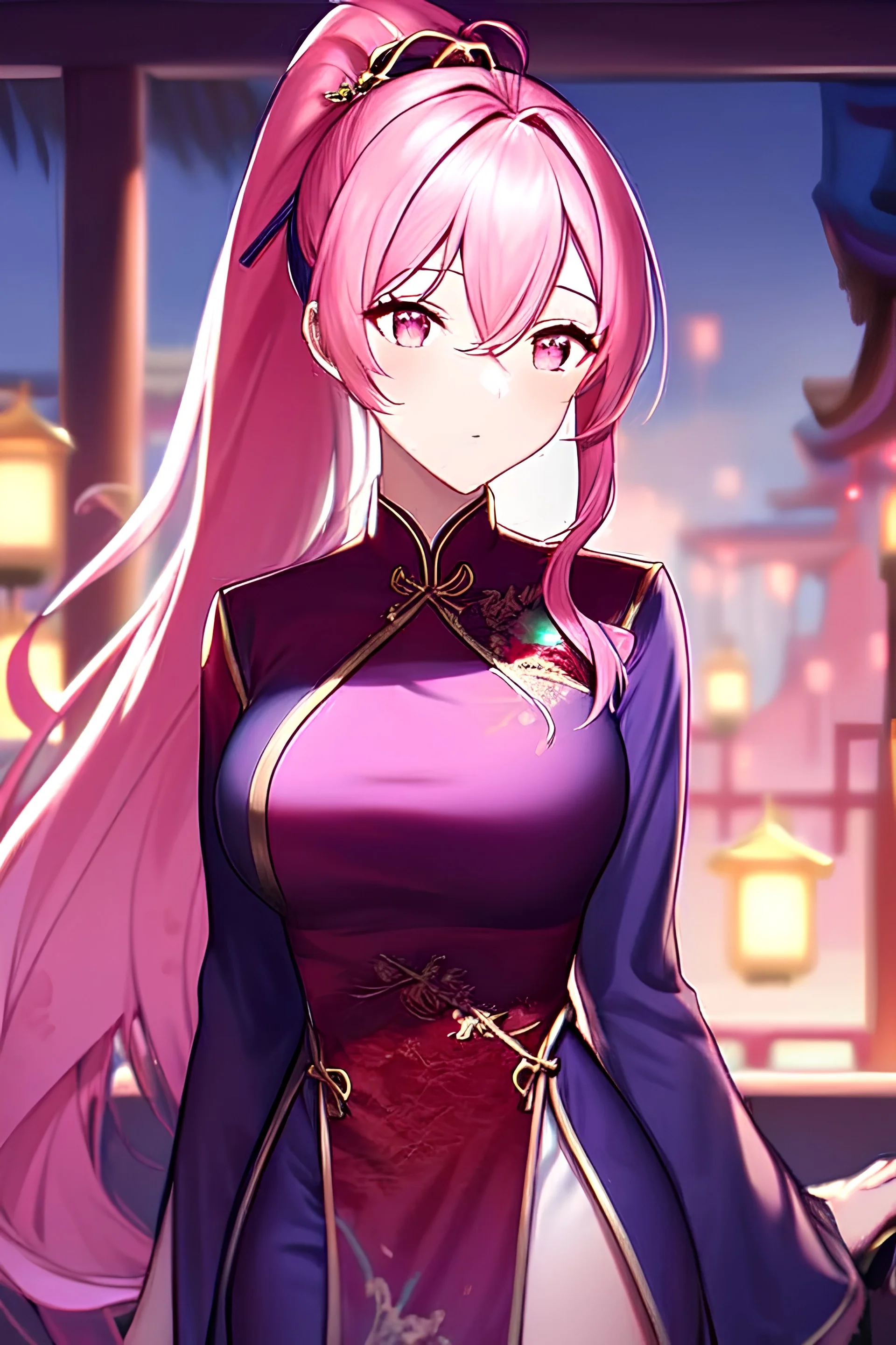 girl, masterpiece, best quality, cinematic lighting, detailed outfit, vibrant colors, perfect eyes, pink hair, long hair, pink eyes, chinese clothes, ponytail,
