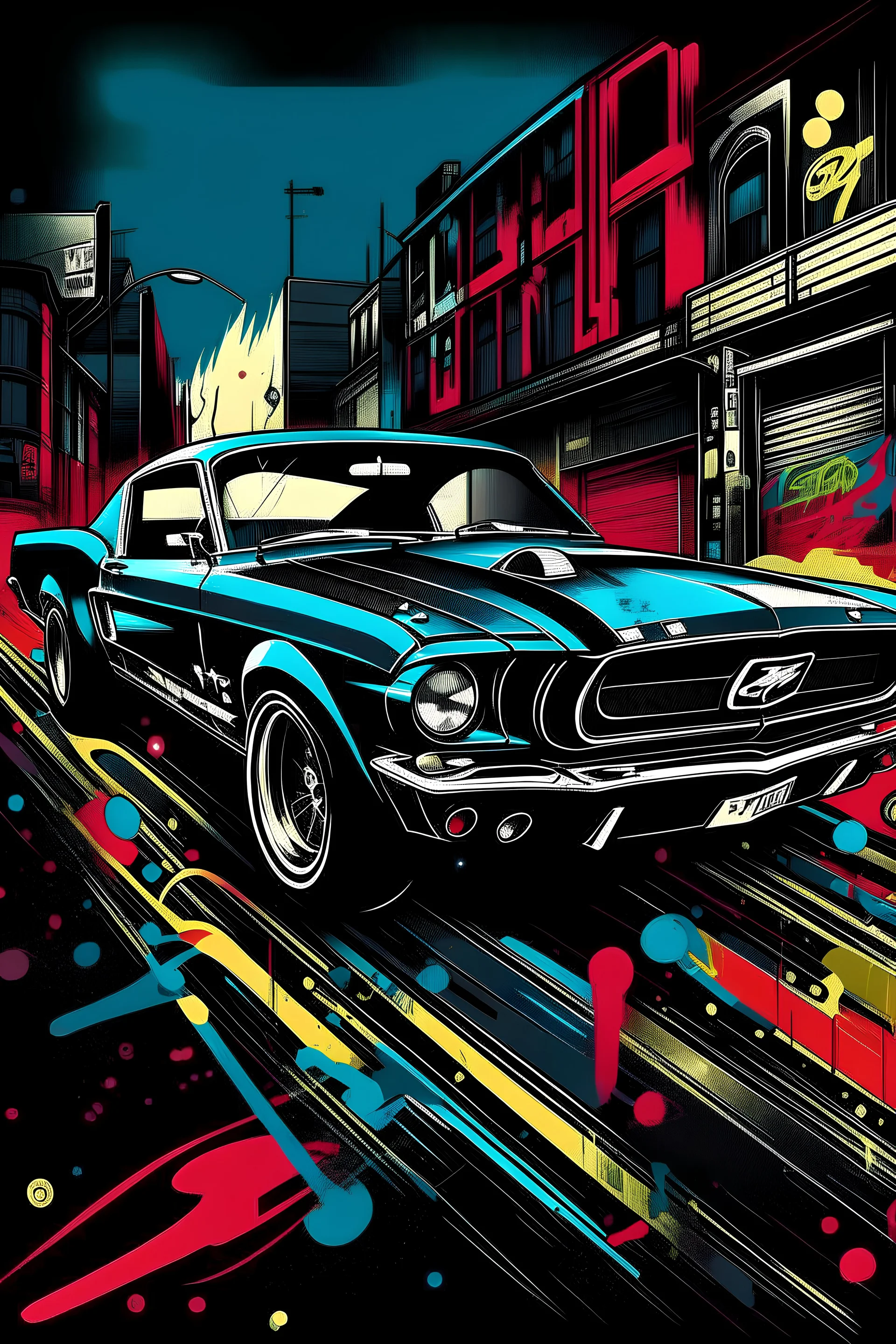 Black Mustang cruising through an ink-punk styled city, vintage stamp aesthetic, LLart illustration resembling a dynamic comic book panel, vibrant colors, sketched with tiny, intricate details, masterpiece aligning with ArtStation trends, sharp focus, bold high quality, vector style suitable for a t-shirt design, ultra-detailed, high resolution