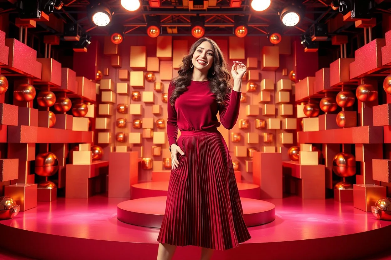 a pretty stage made of metallic color 3d recursive cubic and sphere base structures and a beautiful fashion model lady posing with joy and cute ,with dark red top and pretty pleated midi skirt ,makeup curvy long hair,dynamic camera zoom to full body and pan, dynamic lights.