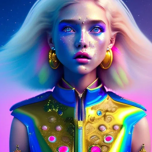 blonde woman teenager, few freckles, gold teeth, feather coat, purpurin, retro futuristic, latex dress, gradient color, BLUE, PINK, CYAN, neon, insanely detailed, 16k resolution, perfect eyes, cinematic smooth, intricate detail