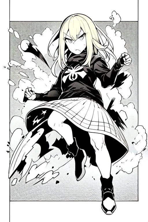 angry blonde girl, angry pose, full body, greyscale