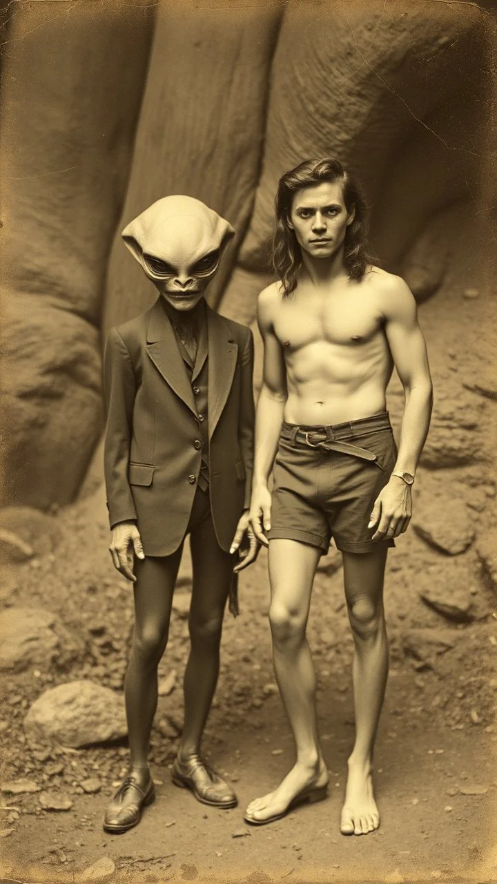 An old picture style of white and brown and very bad quality old camera with cracks of Tarzan standing with an Alien who is wearing a suit, the year 1900