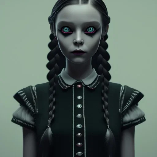 Wednesday Addams, Wednesday with braids standing with her arms crossed, dark, soft goth lip, hyper detail, octane render, unreal engine 5, photorealistic, 8k resulation