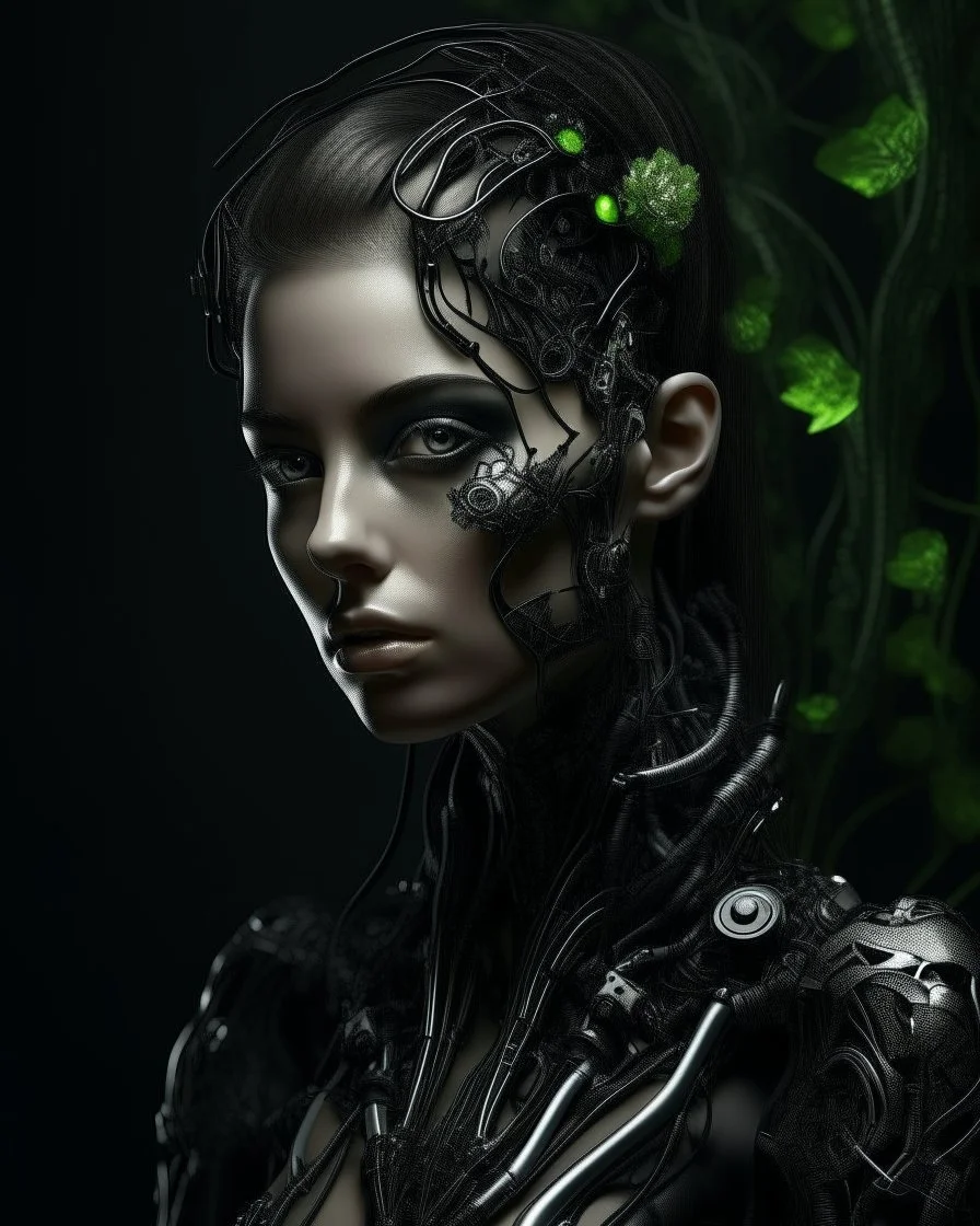portrait d'une jeune femme cyborg. Elle regarde vers le bas. Elle semble très triste. Elle est recouverte de métal noir habillé de végétal luminescent. Son visage est très détaillé. Les mécanismes de son corps futuriste sont très détaillés. L'ambiance est sombre.