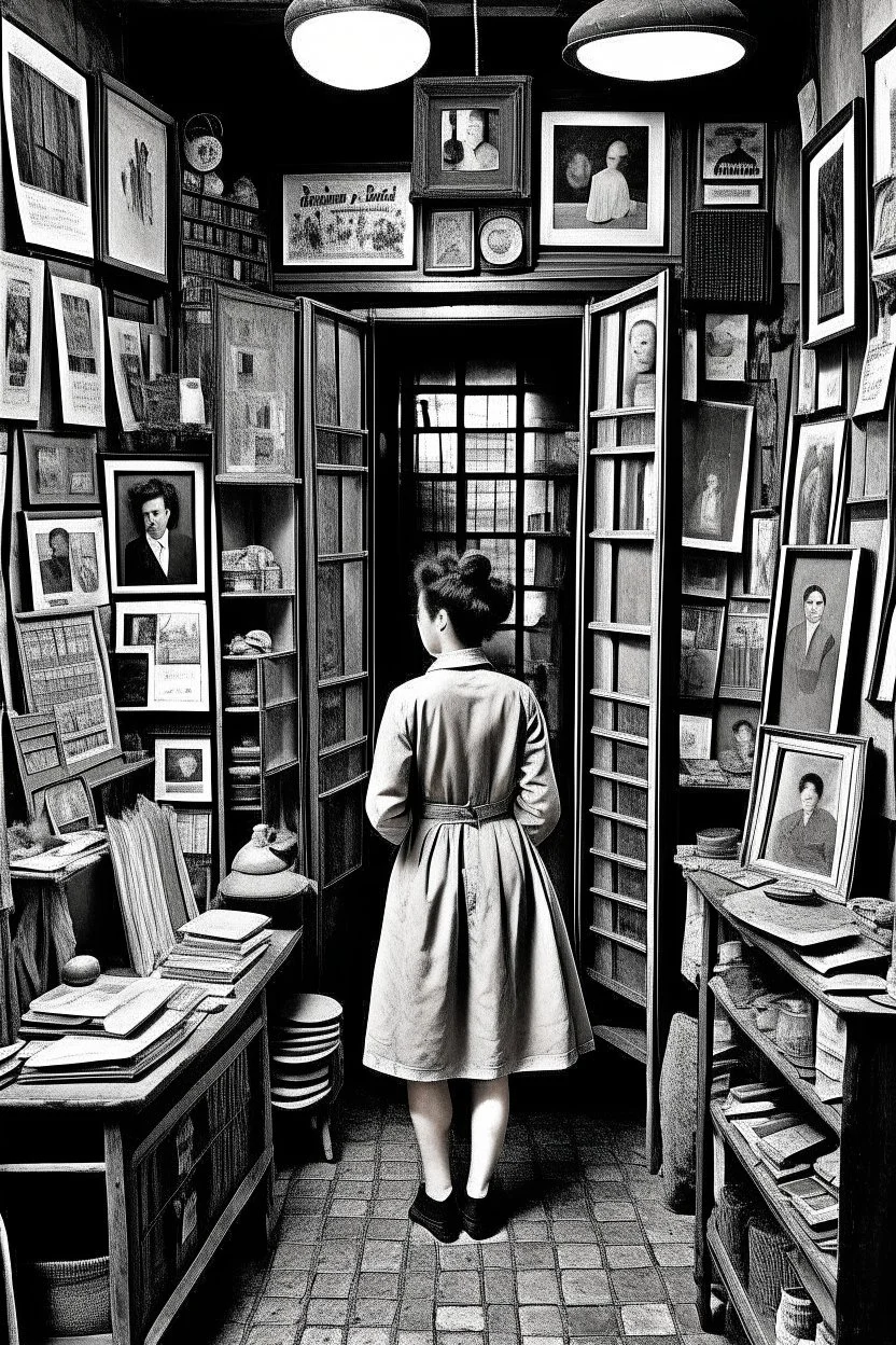 she stands within the confines of a closet, surrounded by a cabinet of curiosities. These evocative creations capture a melancholic mood, photorealist, revealing the inner struggle of a soul torn between her desire for freedom and the weight of her own uniqueness. Shoot by a leica camera by Cartier-Bresson