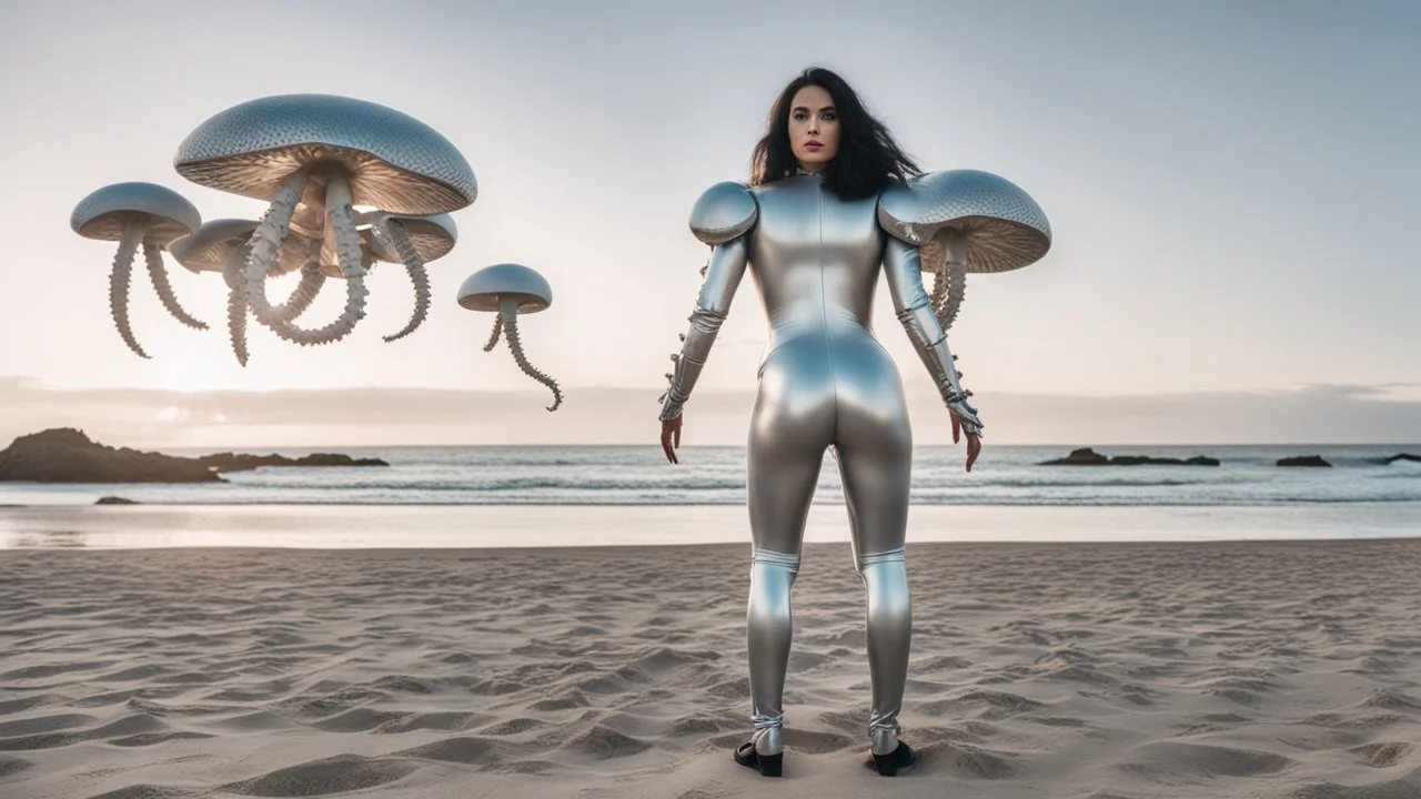 Wide angle shot of a woman with dark hair in a silver robotic catsuit, standing on a beach, flying mushrooms with octopus tentacles floating above her