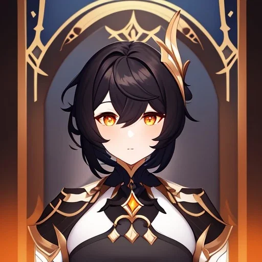 portrait of genshin from genshin ((genshin)) ((genshin ingame outfit)) wearing a short skirt, black short hair, orange eyes