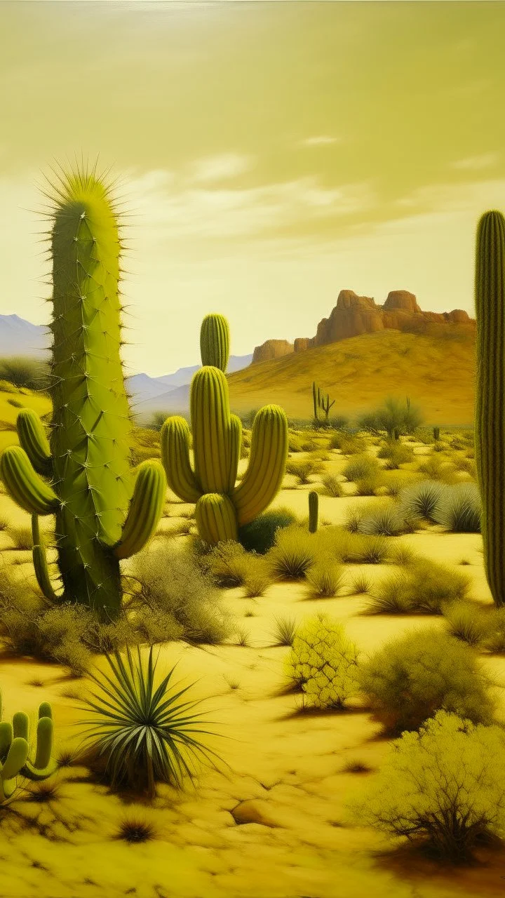 A yellow desert with cactuses painted by Cai Jia