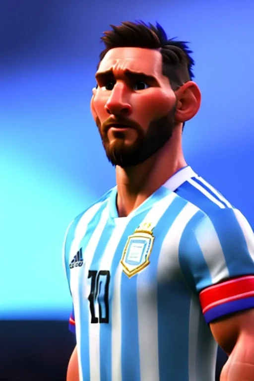 Realistic Messi Argentina soccer player Portrait, mid shot view, epic, god lights, concept art, art station, 3d, photo studio, blue clean background, unreal engine 5, ray tracing, RTX, lumen lighting, ultra detail, volumetric lighting.