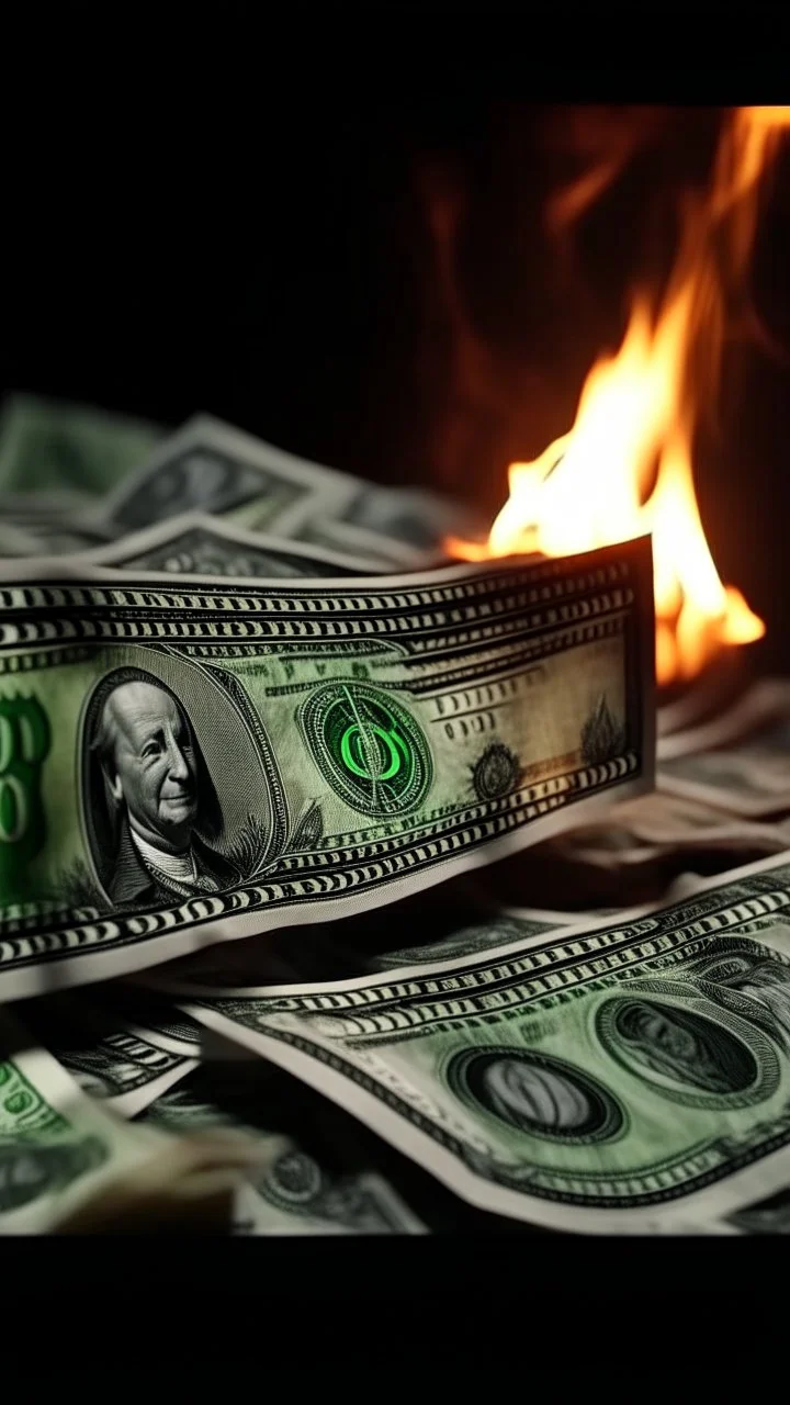 A hyperrealistic shot of a bunch of 100 dollars bills are burning intricate details, soft natural light, screen captured from 4K Blu-ray