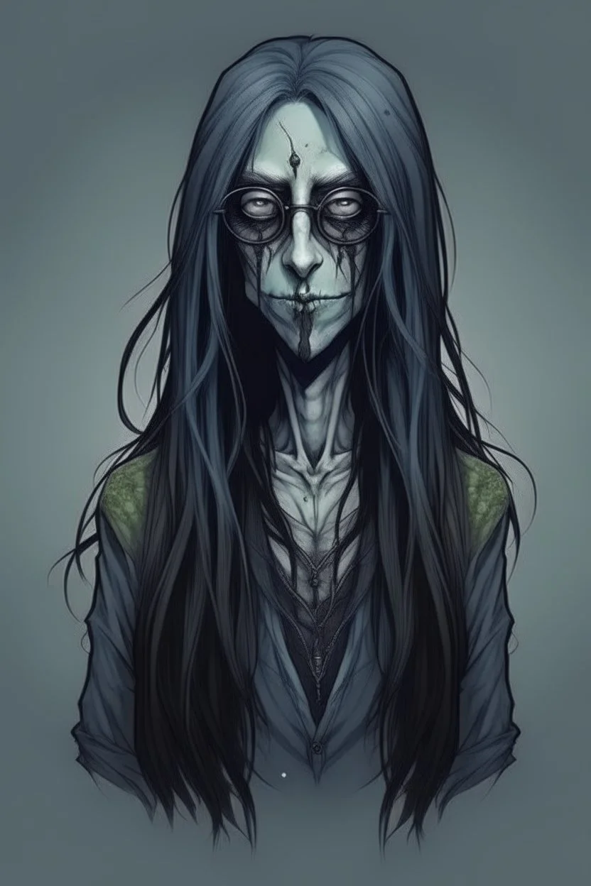 Alien vampire, with unnatural colored long hair. Grudge style with glasses