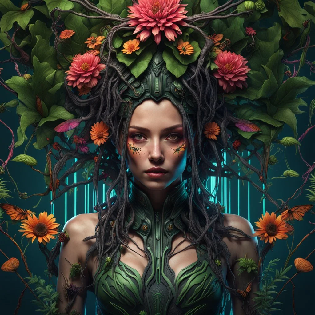 Expressively detailed and intricate 3d rendering of a hyperrealistic: woman, cyberpunk plants and flowers, neon, vines, flying insect, front view, dripping colorful paint, tribalism, gothic, shamanism, cosmic fractals, dystopian, dendritic, artstation: award-winning: professional portrait: atmospheric: commanding: fantastical: clarity: 16k: ultra quality: striking: brilliance: stunning colors: amazing depth