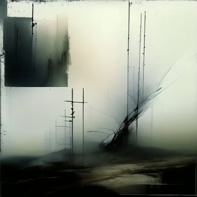 Contemporary abstract painting of Lebbeus Woods wasteland techno decaying landscape. Hazy foggy sky. Concrete ground. Exposed twisted concrete. Style Justin Mortimer and JMW Turner.