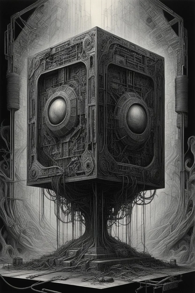 A cube on and with computer chips and a smoke in the background dark a thin line draw ، front view camera, decayed and proportions and imagery. surreal chorror, biomechanical design, by hr giger and beksinski , fine lines draw
