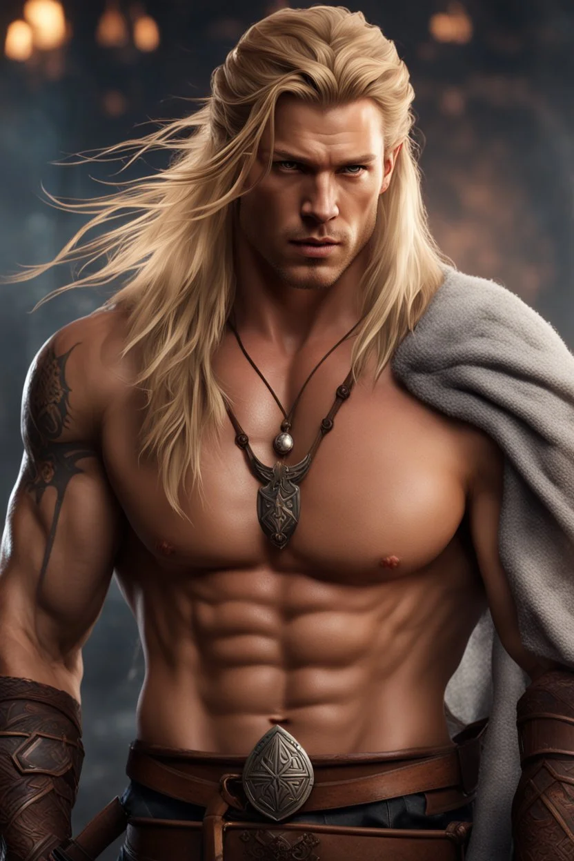 handsome viking warrior king, muscular, long blonde hair, male age 30, wearing jeans and a white button up shirt, tan skin, tattoos,photorealistic 4k modern fantasy