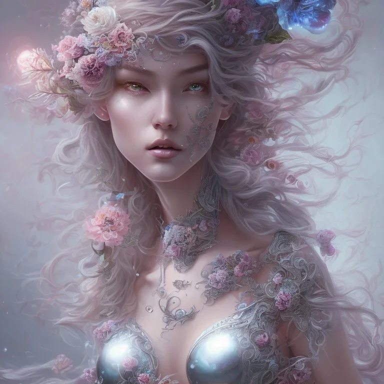 fantasy magic, intricate, sharp focus, illustration, highly detailed, digital painting, concept art, artgerm and paul lewin and kehinde wiley, masterpiece sexy lips Asian lady body flowers head silver bright rain lady outer space pretty, pink blue