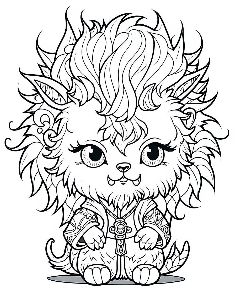 coloring page, Gothic chibi werewolf with wild, fluffy hair, Manga style, thick lines, low detail, no shading, --ar 9:11 --v 5