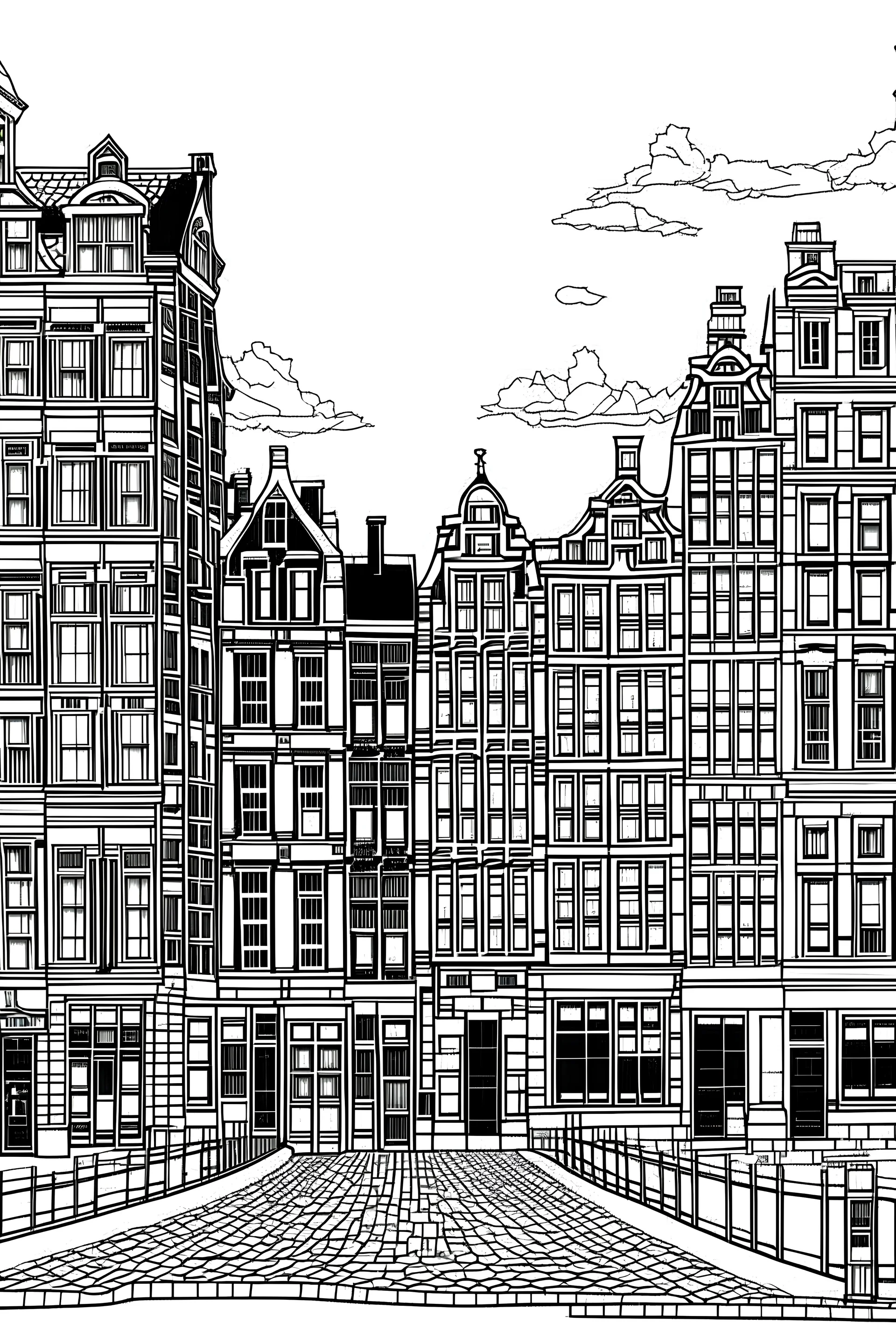 outline art for Amsterdam city for adults with Amsterdam street , white background, Sketch style, only use outline. clean line art, no shadows and clear and well outlined, many Patterns and Details, realistic