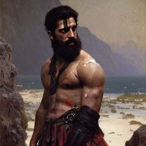 painted portrait of rugged king Leonidas, 300, blood stained, dark long hair, masculine, handsome, upper body, grey and silver, muscular, hairy torso, fantasy, intricate, muscular, elegant, highly detailed, digital painting, artstation, concept art, smooth, sharp focus, illustration, art by gaston bussiere and alphonse mucha