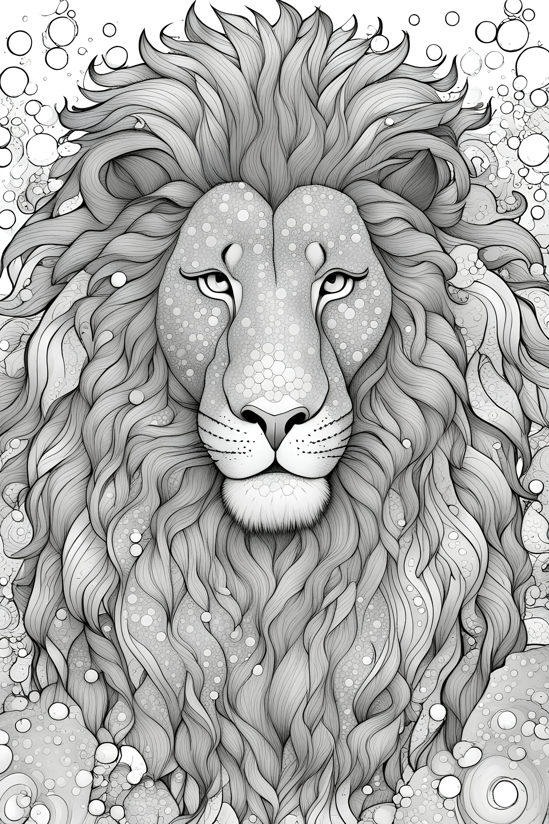 coloring pages for adults, a lion, in the style of Anime, Spiral lines, High Detail, Dots and bubbles background, Black and white, No Shading