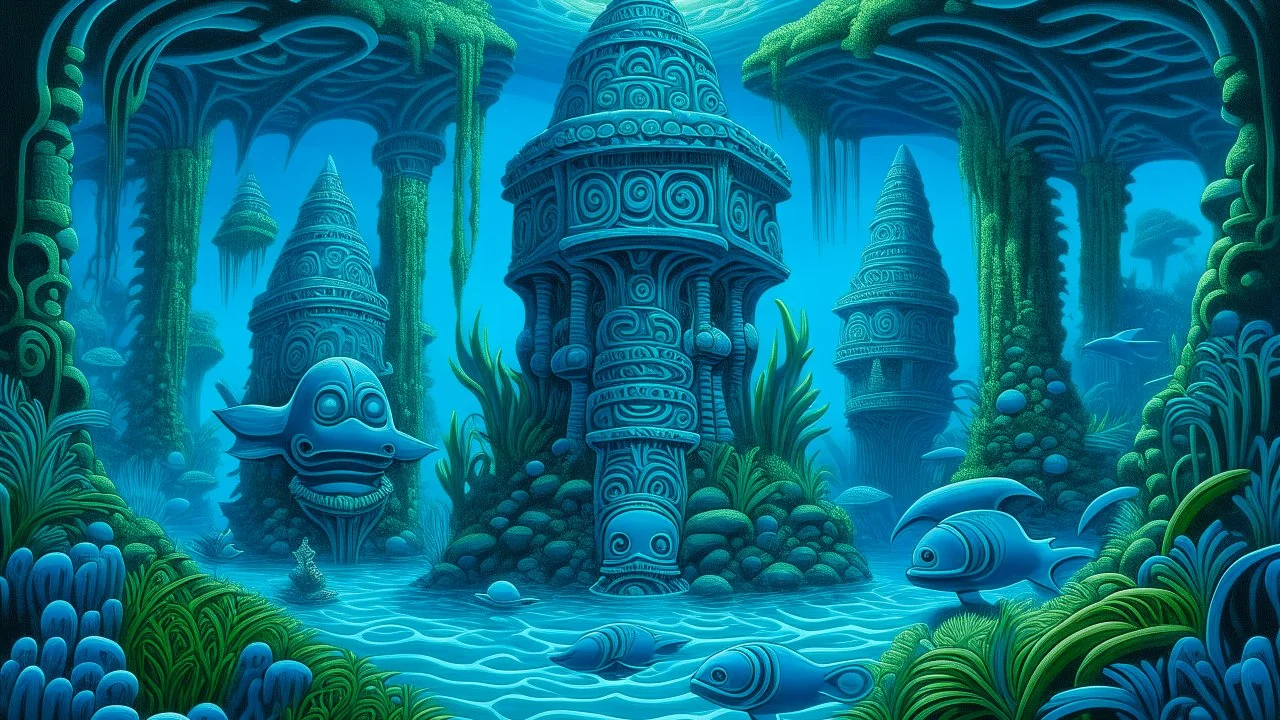 A blue underwater kingdom designed in Hawaiian tikis