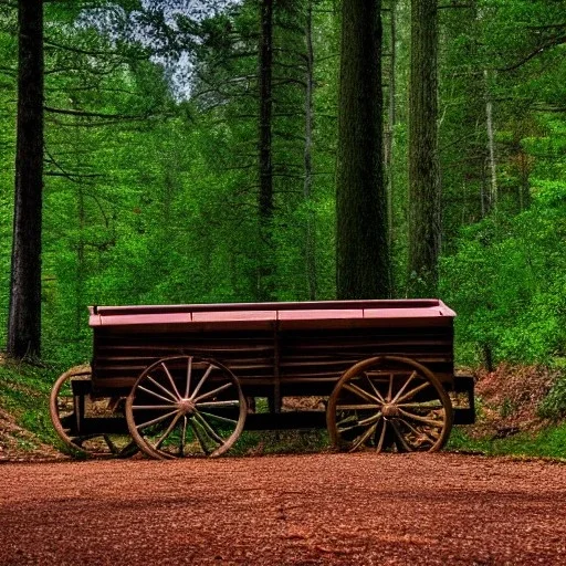 wagon on the path through a forest